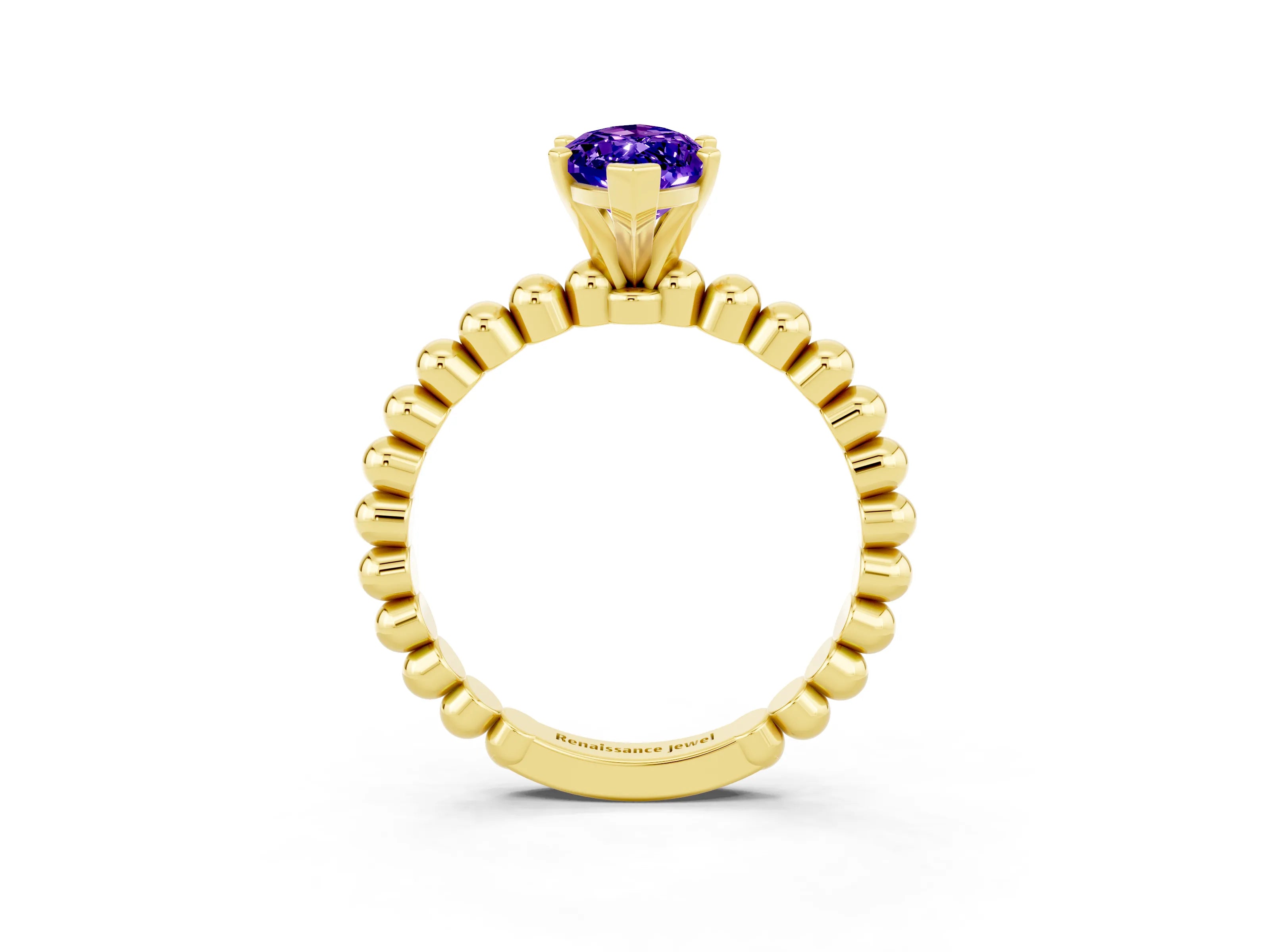 Yellow gold Marquise Cut Tanzanite Solitaire Ring with Beaded Band and Prong Setting_3