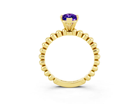 Yellow gold Marquise Cut Tanzanite Solitaire Ring with Beaded Band and Prong Setting_3