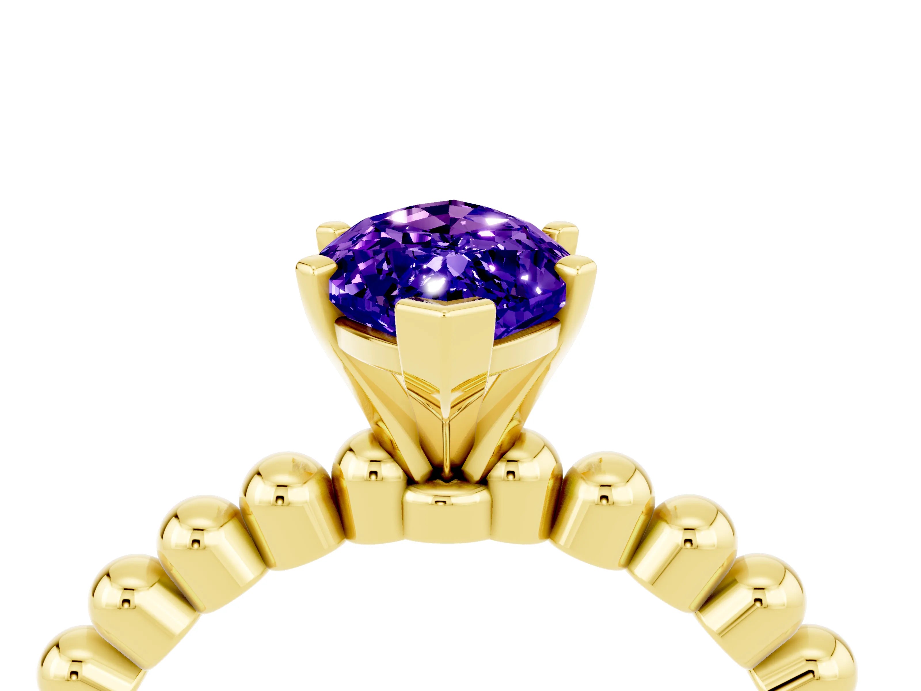 Yellow gold Marquise Cut Tanzanite Solitaire Ring with Beaded Band and Prong Setting_4