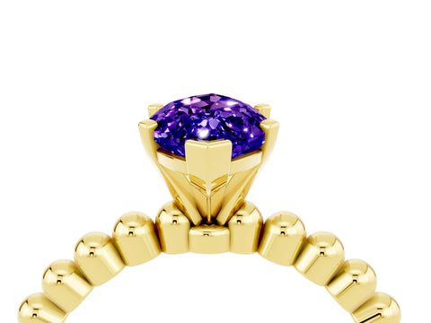 Yellow gold Marquise Cut Tanzanite Solitaire Ring with Beaded Band and Prong Setting_4