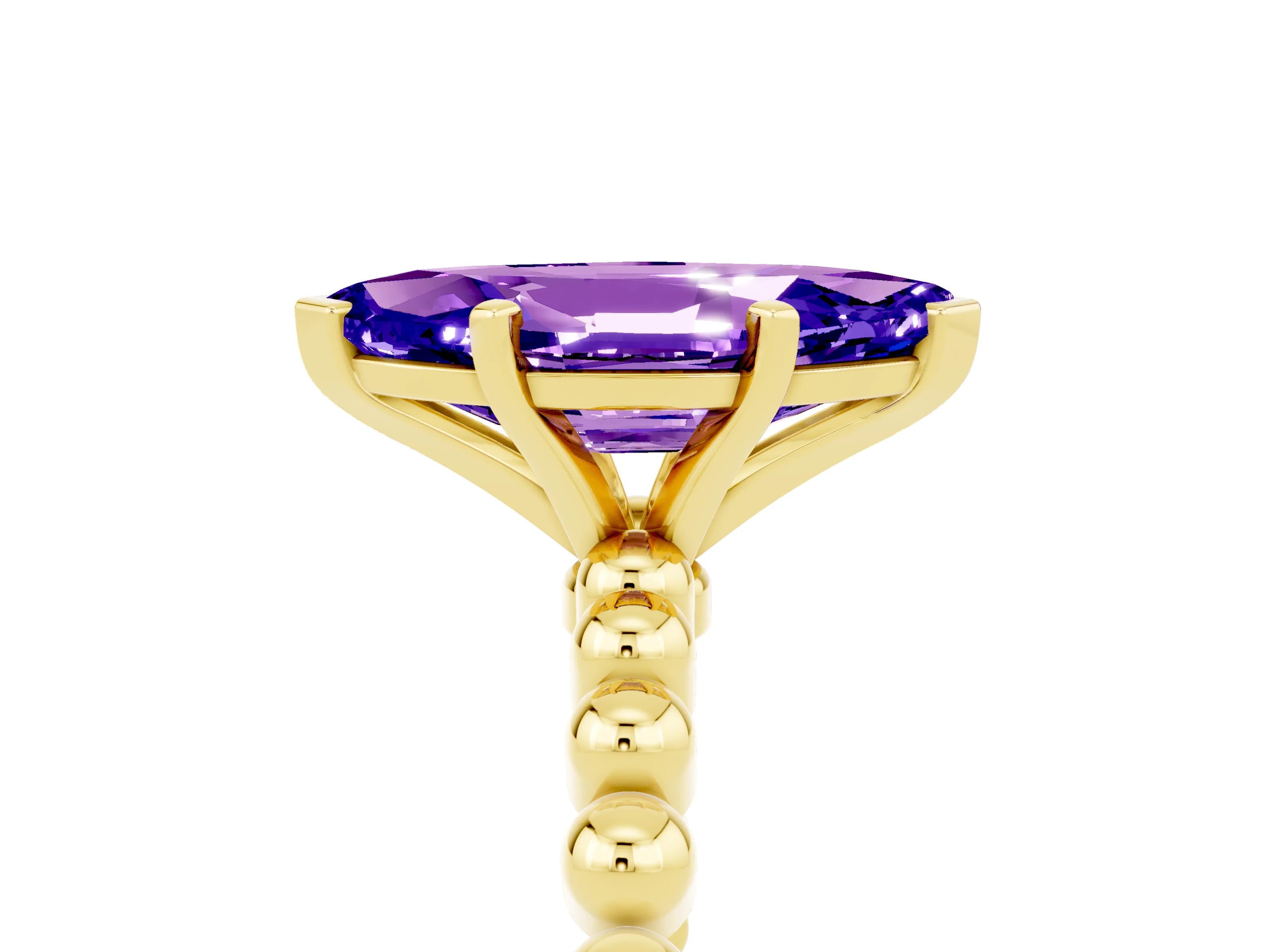 Yellow gold Marquise Cut Tanzanite Solitaire Ring with Beaded Band and Prong Setting_5