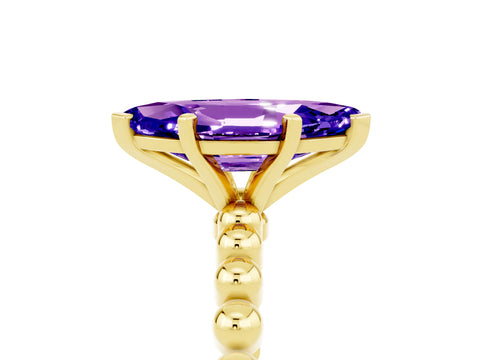 Yellow gold Marquise Cut Tanzanite Solitaire Ring with Beaded Band and Prong Setting_5