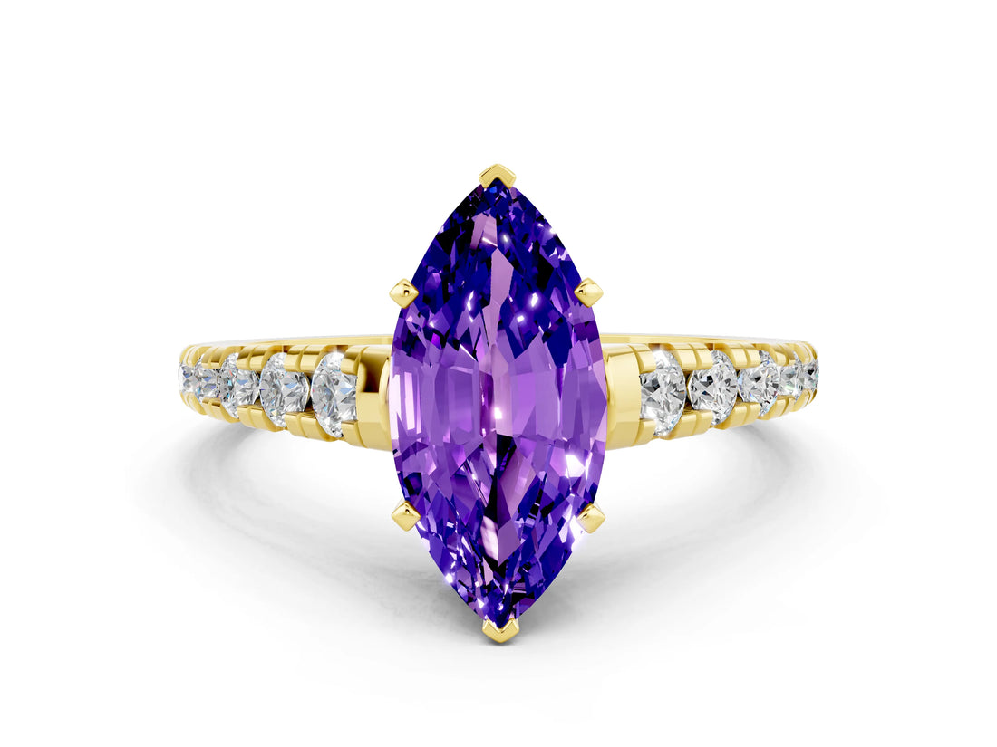Yellow gold Marquise Cut Tanzanite Solitaire Ring with Cathedral Setting and Pavé Band