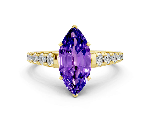 Yellow gold Marquise Cut Tanzanite Cathedral Solitaire Ring with Round  Pavé Band