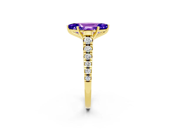 Yellow gold Marquise Cut Tanzanite Cathedral Solitaire Ring with Round  Pavé Band