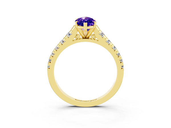 Yellow gold Marquise Cut Tanzanite Cathedral Solitaire Ring with Round  Pavé Band