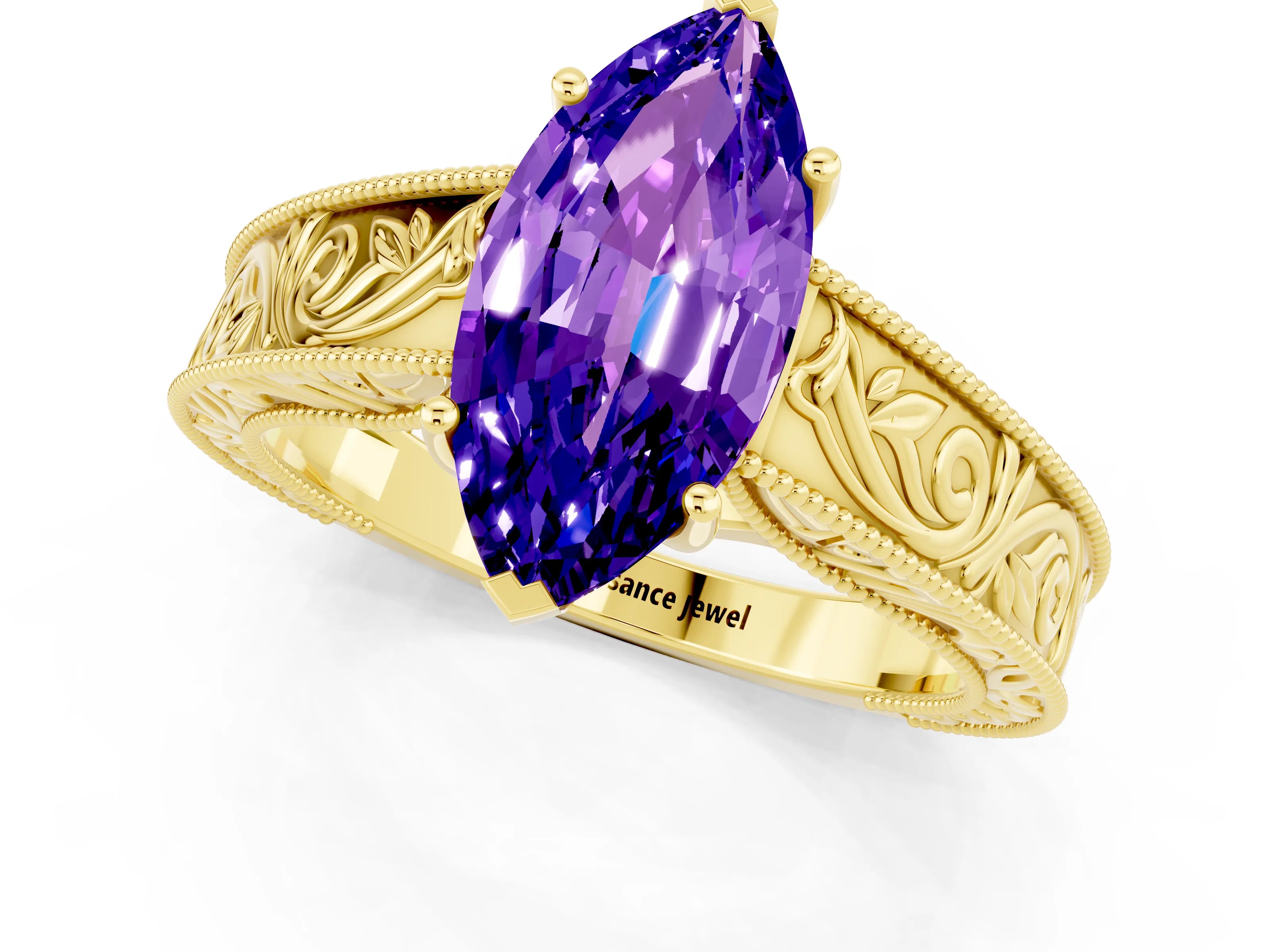 Yellow gold Marquise Cut Tanzanite Solitaire Ring with Engraved Band and Four-Prong Setting_1