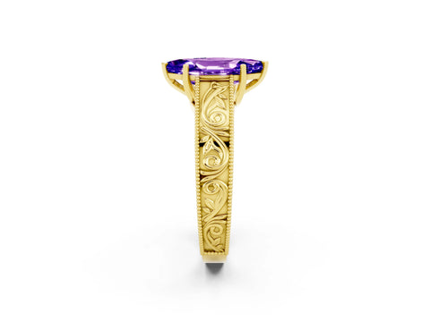 Yellow gold Marquise Cut Tanzanite Solitaire Ring with Engraved Band and Four-Prong Setting_2