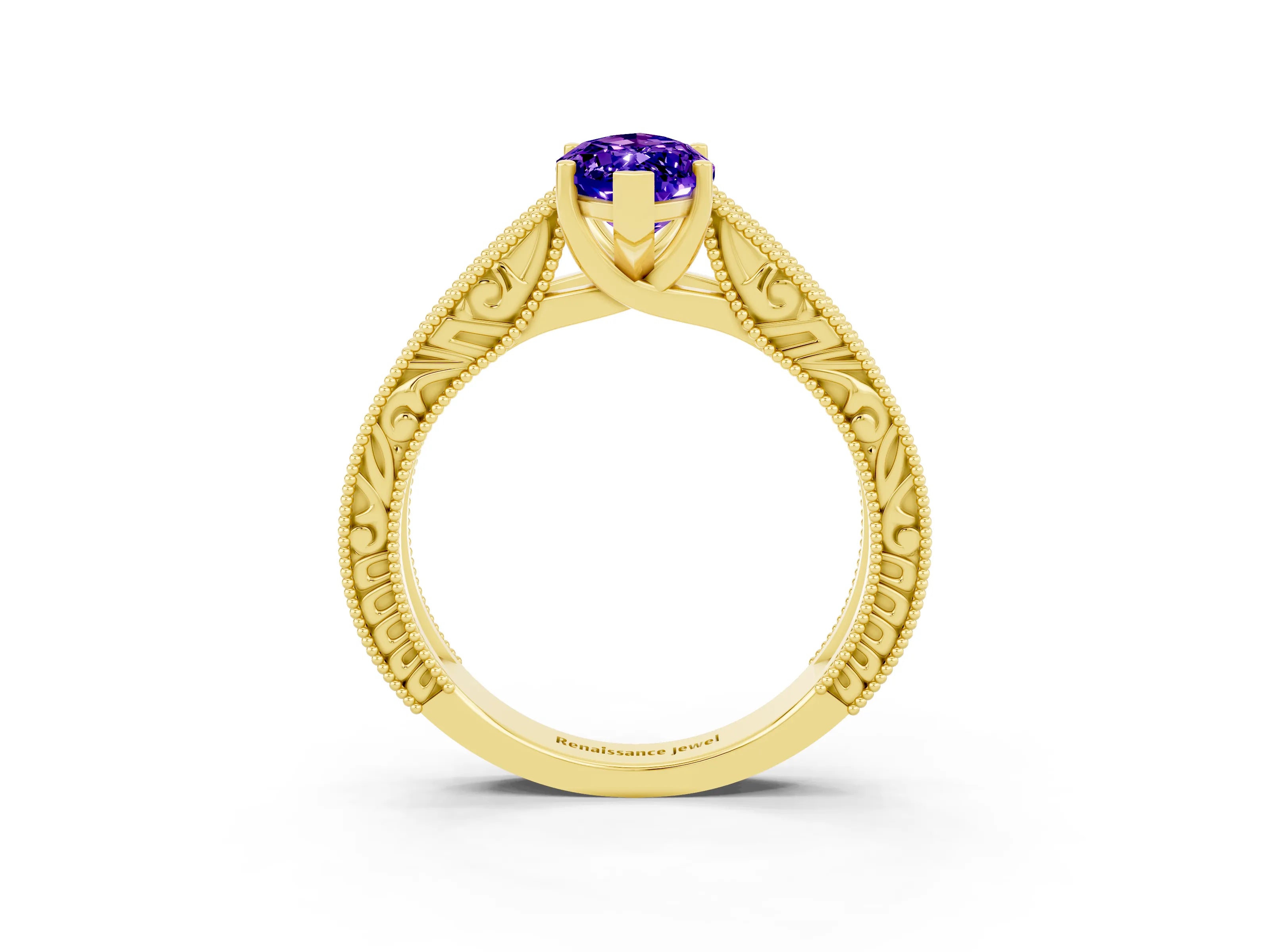 Yellow gold Marquise Cut Tanzanite Solitaire Ring with Engraved Band and Four-Prong Setting_3