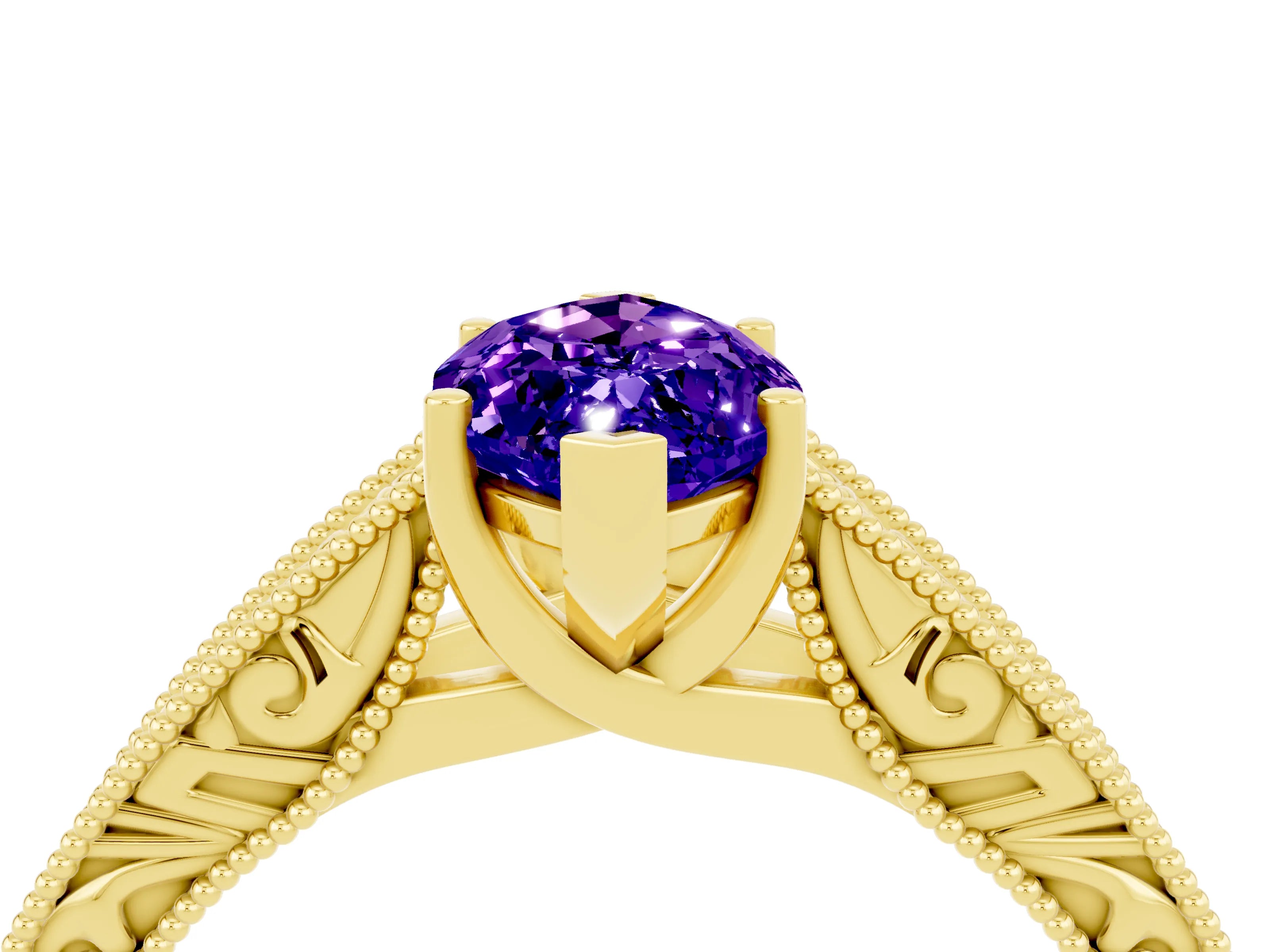 Yellow gold Marquise Cut Tanzanite Solitaire Ring with Engraved Band and Four-Prong Setting_4