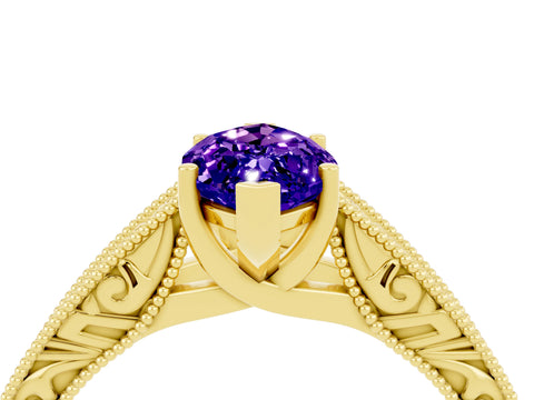 Yellow gold Marquise Cut Tanzanite Solitaire Ring with Engraved Band and Four-Prong Setting_4