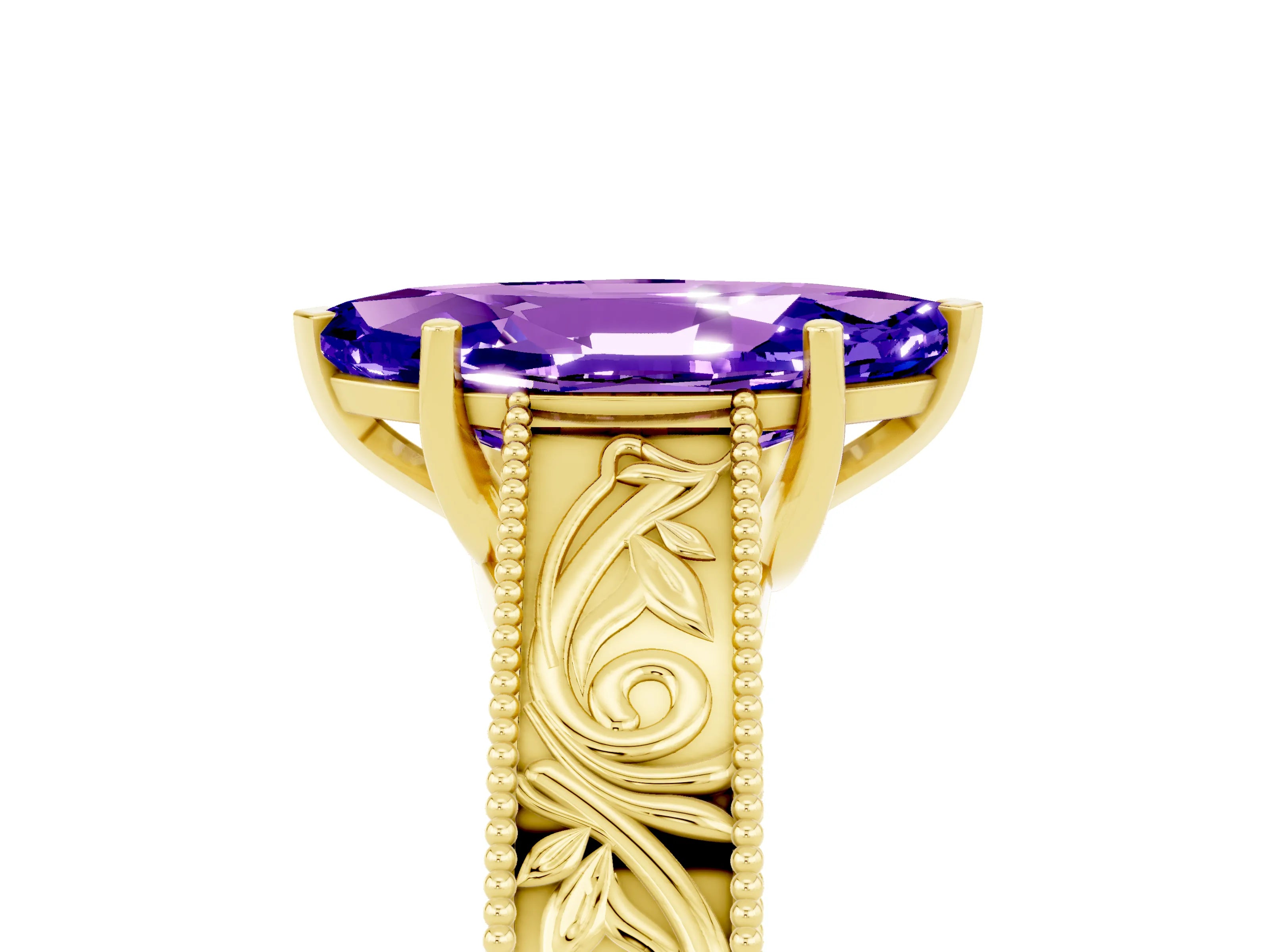 Yellow gold Marquise Cut Tanzanite Solitaire Ring with Engraved Band and Four-Prong Setting_5