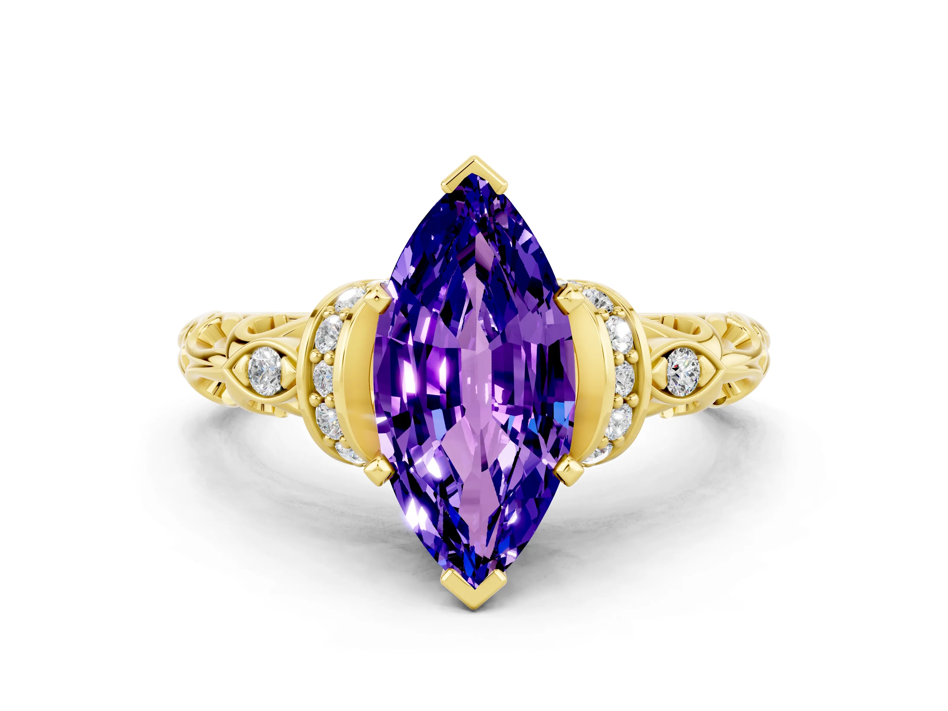 Yellow gold Marquise Cut Tanzanite Solitaire Ring with Filigree Band and Four-Prong Setting_24