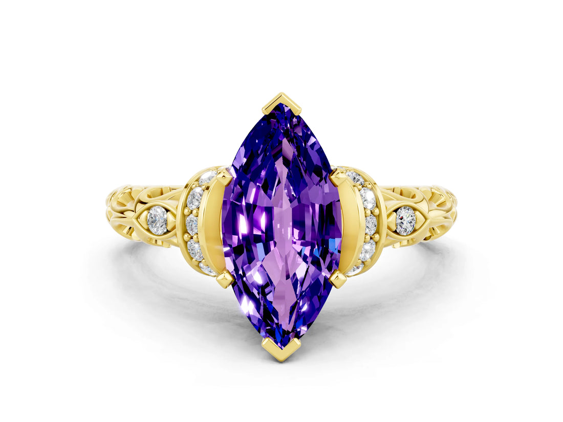 Yellow gold Marquise Cut Tanzanite Solitaire Ring with Filigree Band and Four-Prong Setting_24