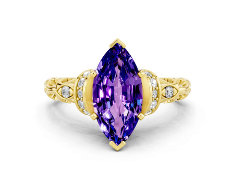Yellow gold Marquise Cut Tanzanite Solitaire Ring with Filigree Band and Four-Prong Setting_24