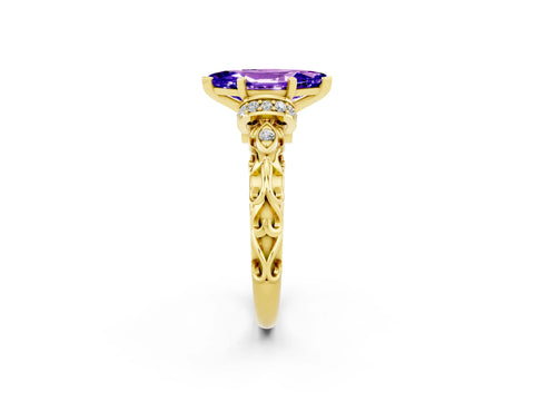 Yellow gold Marquise Cut Tanzanite Solitaire Ring with Filigree Band and Four-Prong Setting_26