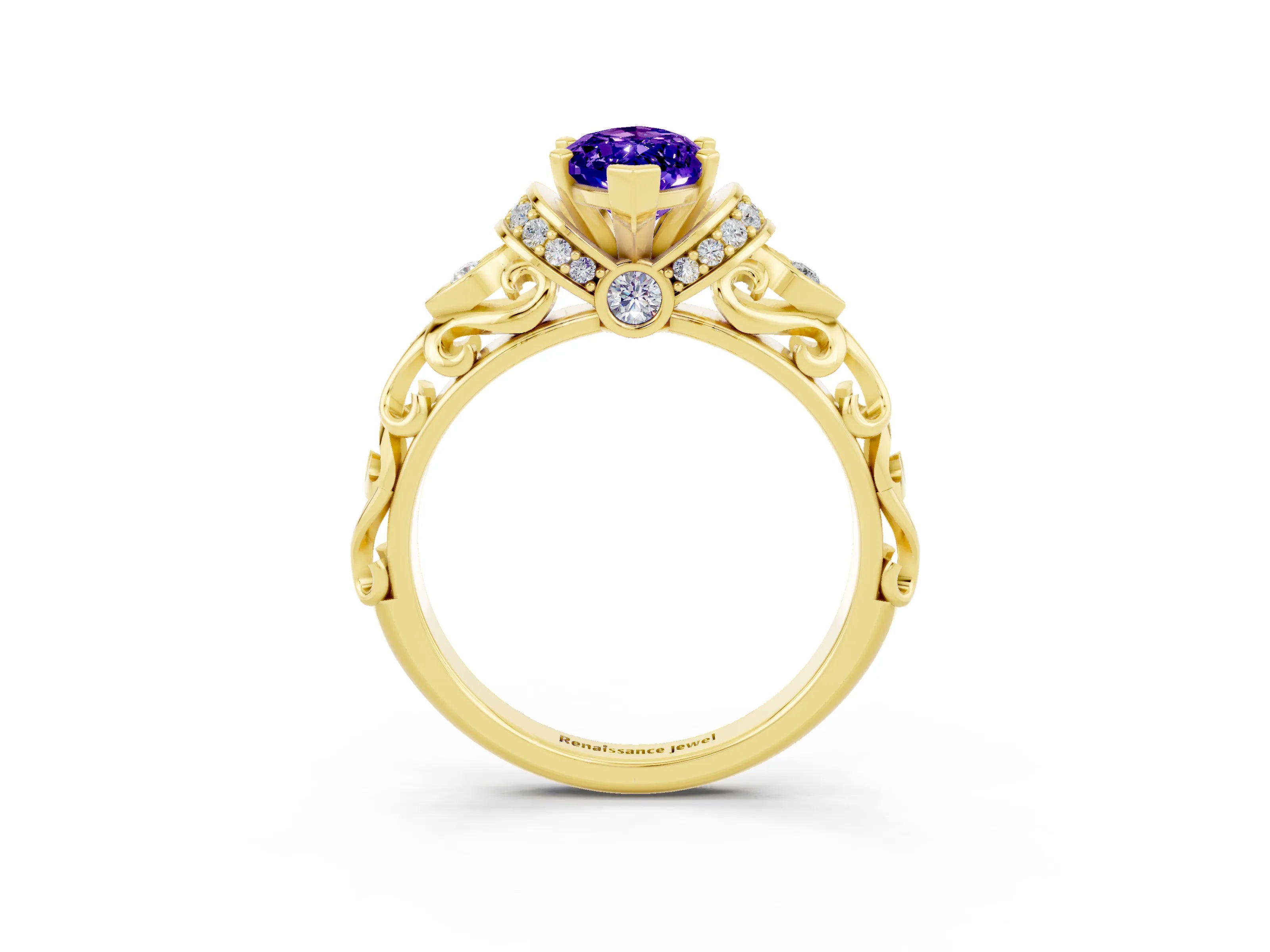 Yellow gold Marquise Cut Tanzanite Solitaire Ring with Filigree Band and Four-Prong Setting_27