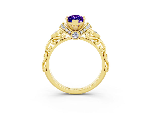 Yellow gold Marquise Cut Tanzanite Solitaire Ring with Filigree Band and Four-Prong Setting