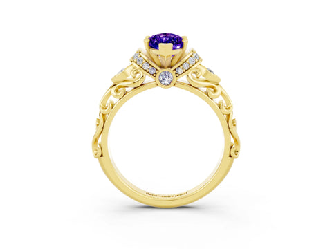 Yellow gold Marquise Cut Tanzanite Solitaire Ring with Filigree Band and Four-Prong Setting_27