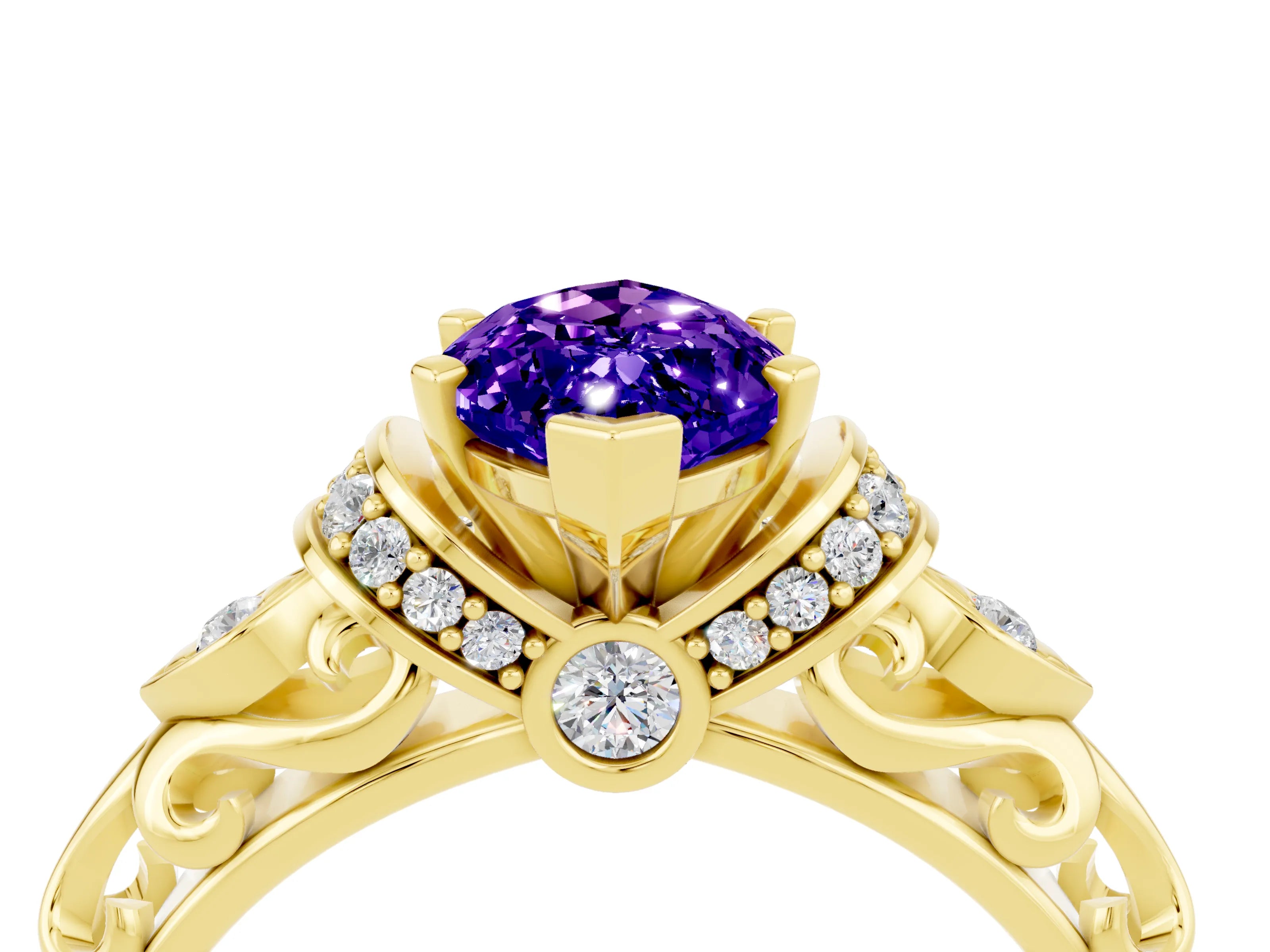 Yellow gold Marquise Cut Tanzanite Solitaire Ring with Filigree Band and Four-Prong Setting_28