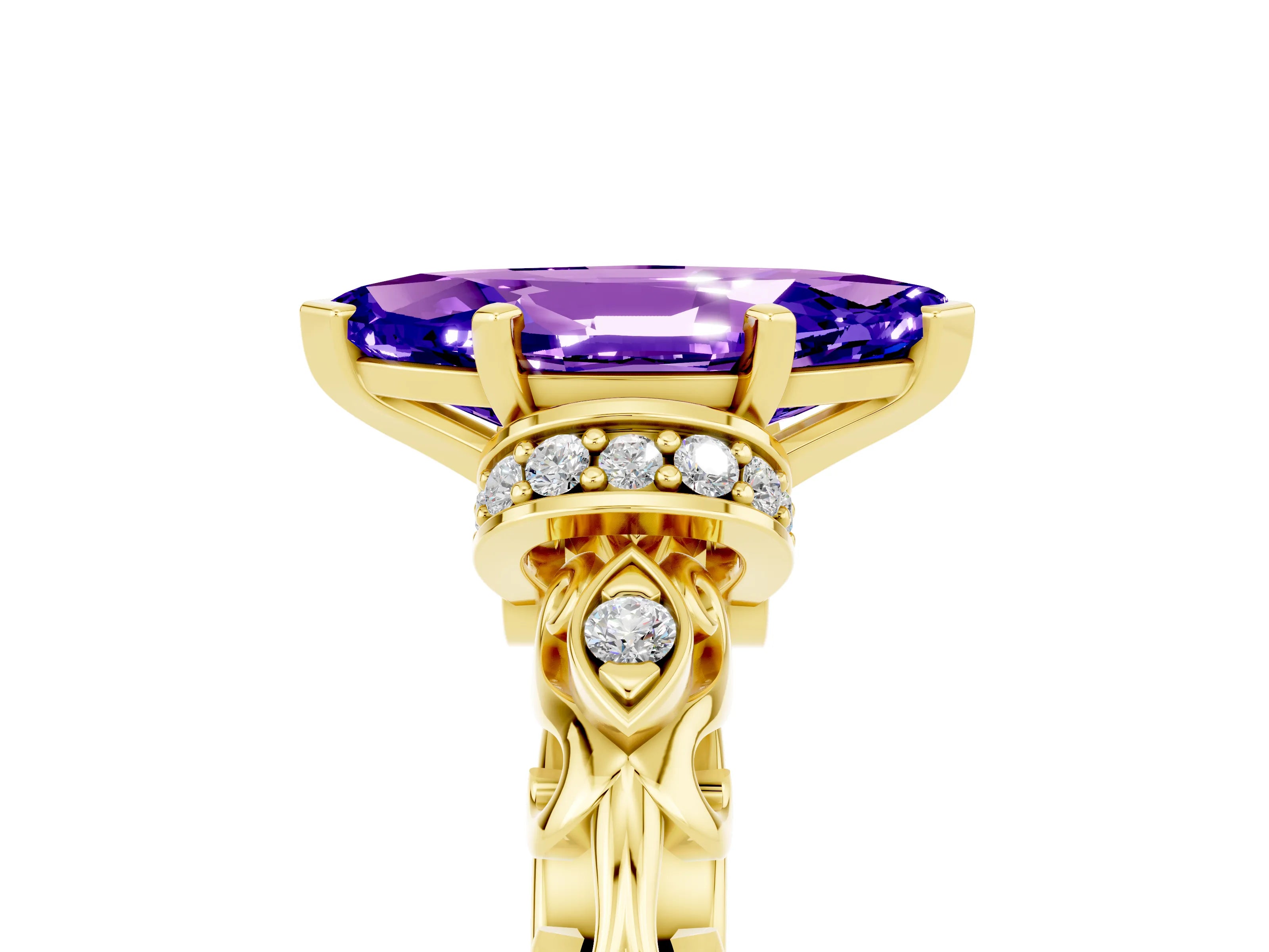 Yellow gold Marquise Cut Tanzanite Solitaire Ring with Filigree Band and Four-Prong Setting_29