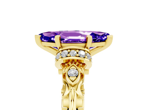Yellow gold Marquise Cut Tanzanite Solitaire Ring with Filigree Band and Four-Prong Setting_29