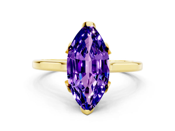 Yellow gold Marquise Cut Tanzanite Solitaire Ring with Flower Prong Setting and Classic Band