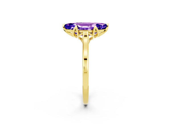 Yellow gold Marquise Cut Tanzanite Solitaire Ring with Flower Prong Setting and Classic Band