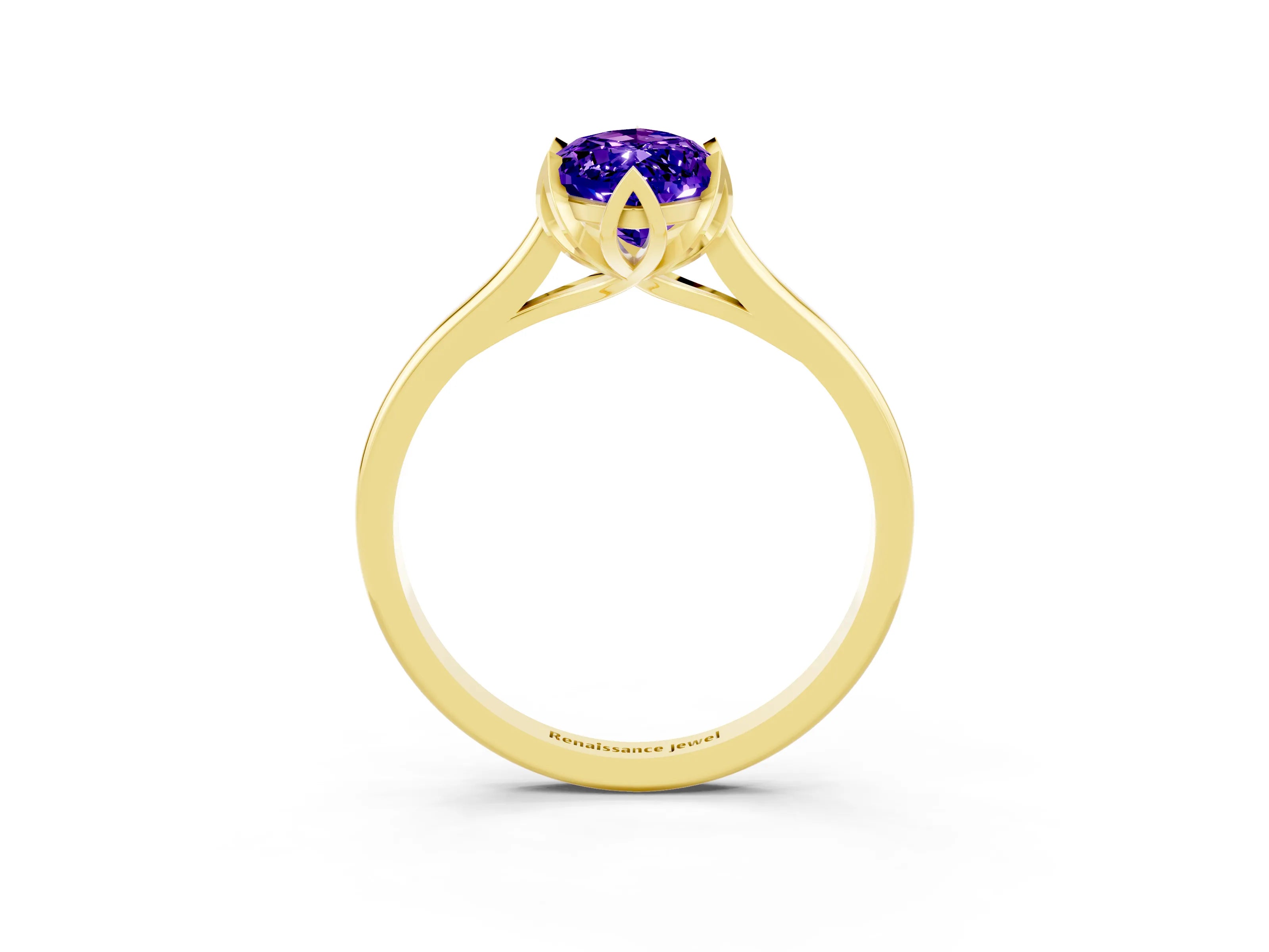 Yellow gold Marquise Cut Tanzanite Solitaire Ring with Flower Prong Setting and Classic Band_15