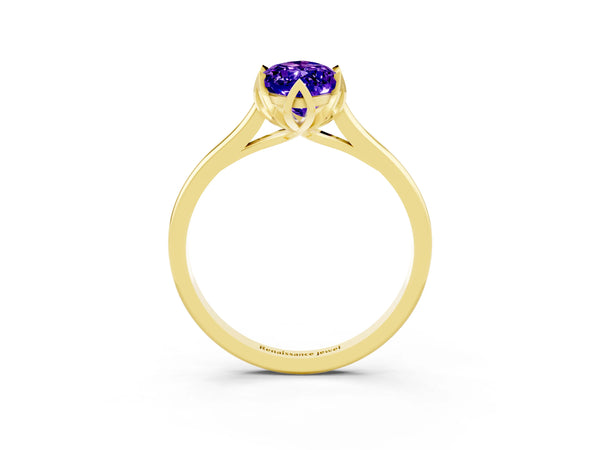 Yellow gold Marquise Cut Tanzanite Solitaire Ring with Flower Prong Setting and Classic Band