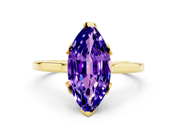 Yellow gold Marquise Cut Tanzanite Solitaire Ring with Flower Prong Setting and Classic Band