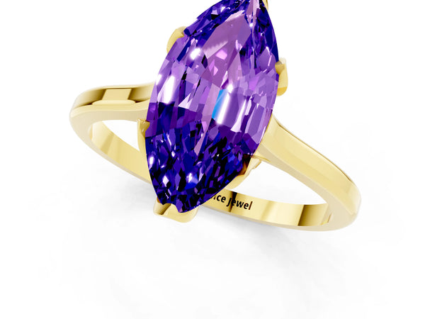 Yellow gold Marquise Cut Tanzanite Solitaire Ring with Flower Prong Setting and Classic Band