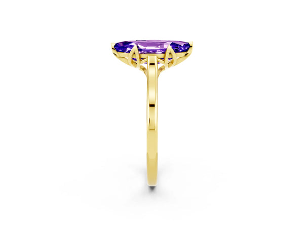 Yellow gold Marquise Cut Tanzanite Solitaire Ring with Flower Prong Setting and Classic Band