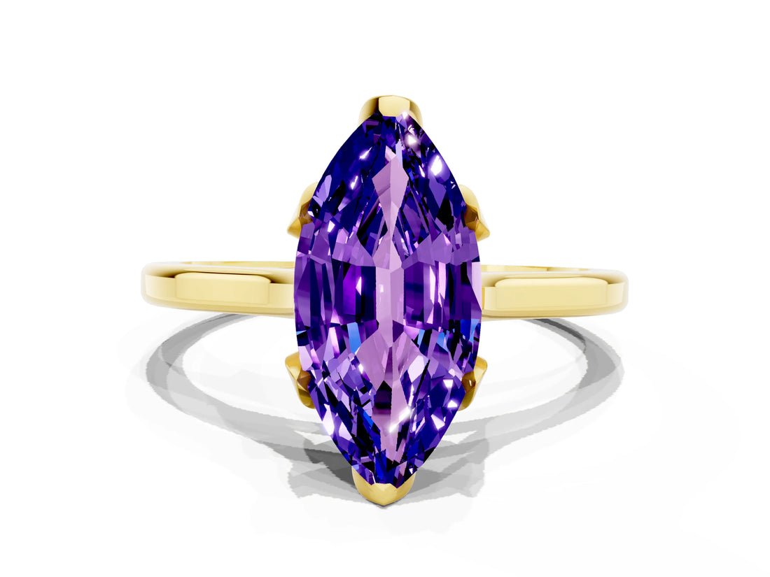 Yellow gold Marquise Cut Tanzanite Solitaire Ring with Flower Prong Setting and Classic Band_36