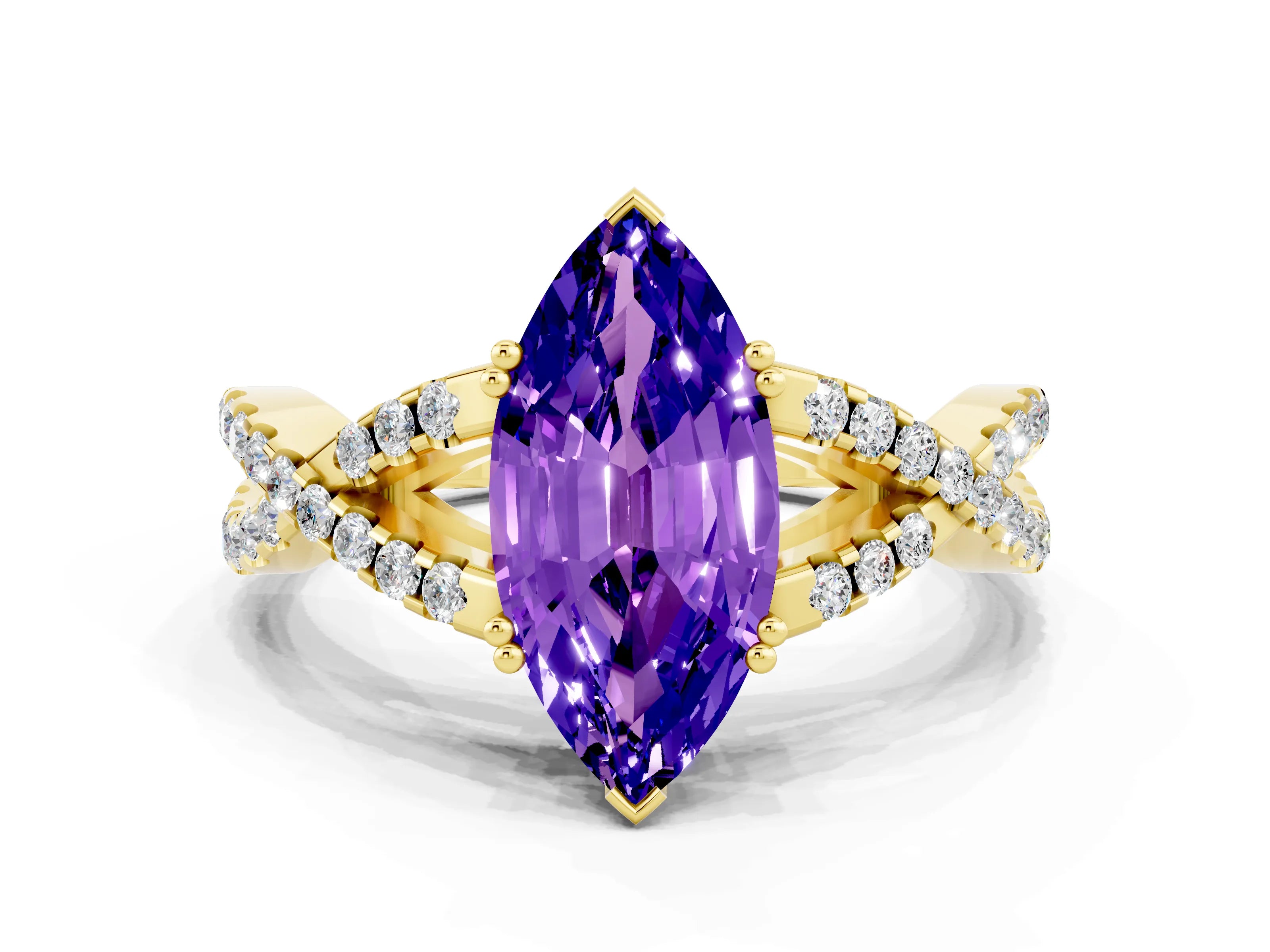 Yellow gold Marquise Cut Tanzanite Solitaire Ring with Four-Prong Setting and Twisted Pavé Band