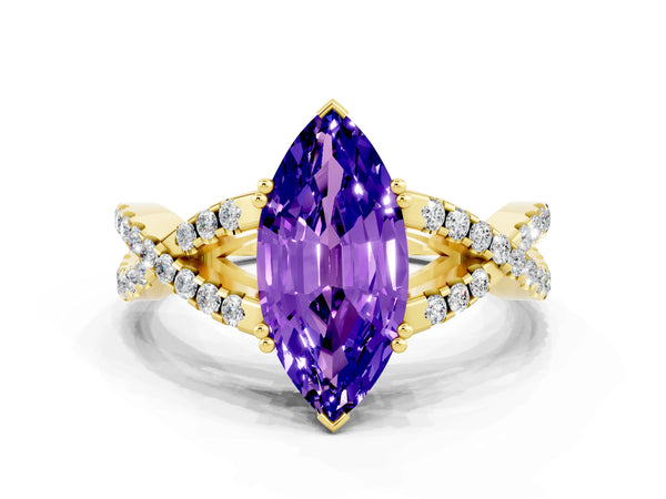 Yellow gold Marquise Cut Tanzanite Solitaire Ring with Four-Prong Setting and Twisted Pavé Band