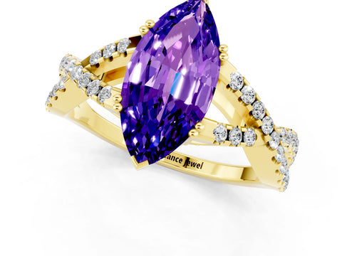 Yellow gold Marquise Cut Tanzanite Solitaire Ring with Four-Prong Setting and Twisted Pavé Band_1