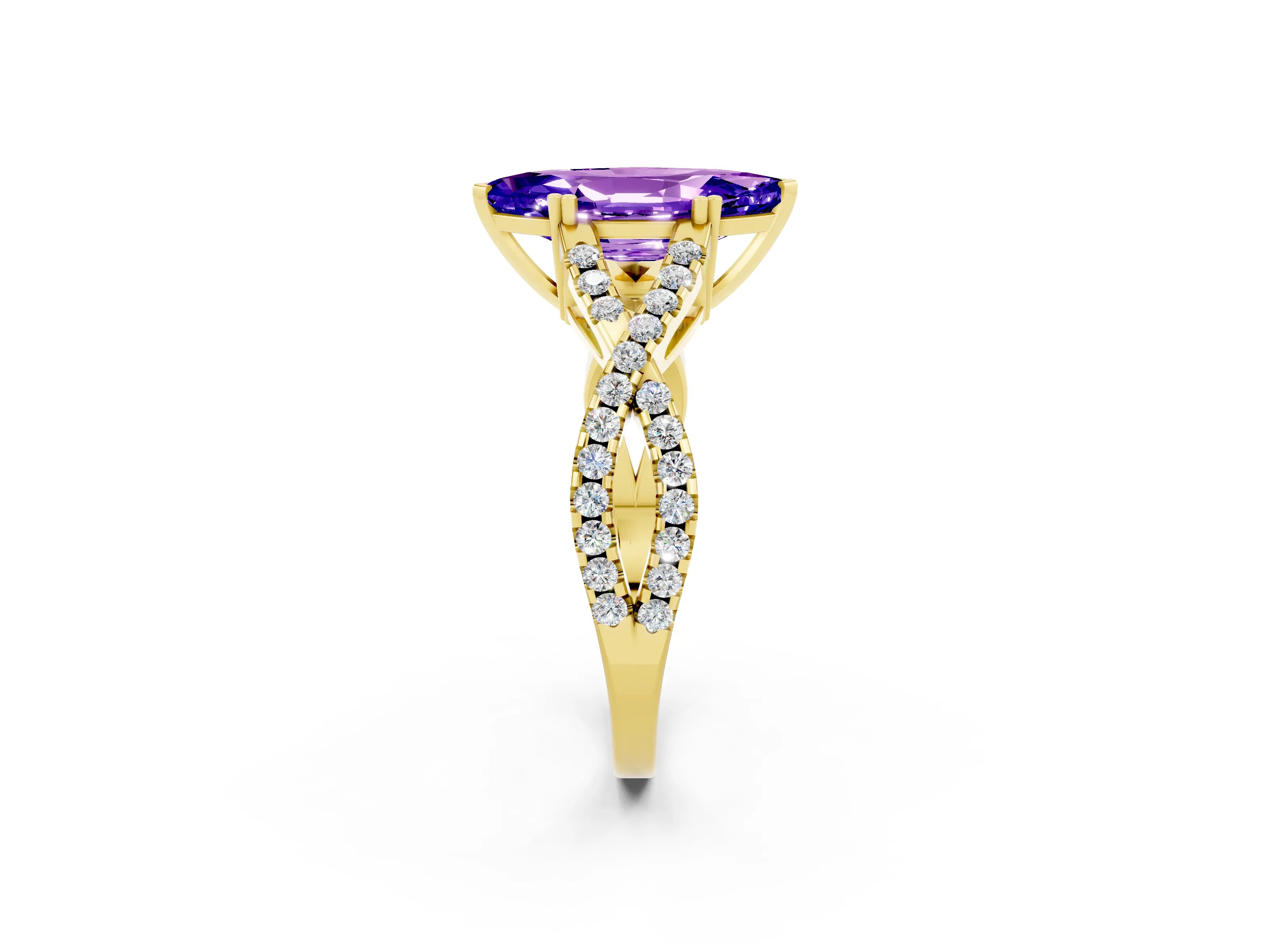 Yellow gold Marquise Cut Tanzanite Solitaire Ring with Four-Prong Setting and Twisted Pavé Band_2