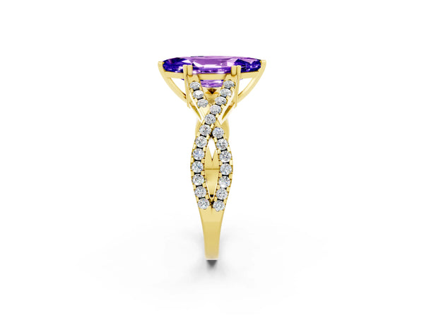 Yellow gold Marquise Cut Tanzanite Solitaire Ring with Four-Prong Setting and Twisted Pavé Band