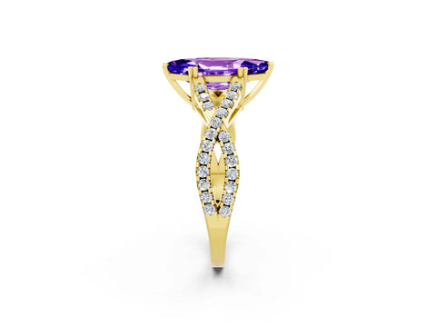 Yellow gold Marquise Cut Tanzanite Solitaire Ring with Four-Prong Setting and Twisted Pavé Band_2