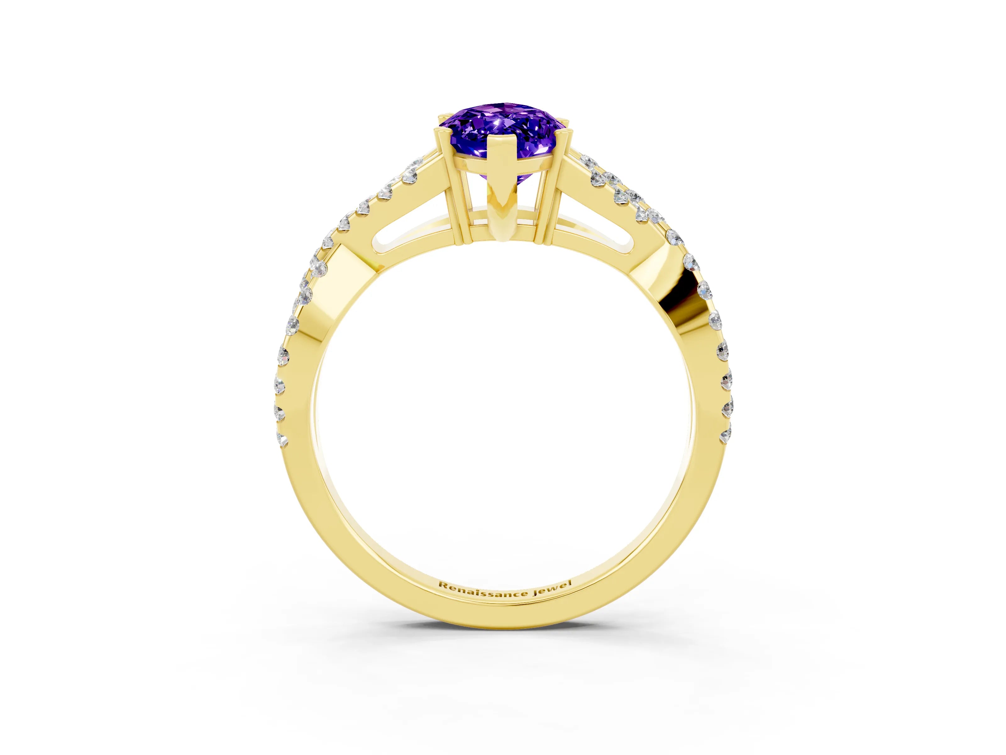 Yellow gold Marquise Cut Tanzanite Solitaire Ring with Four-Prong Setting and Twisted Pavé Band_3