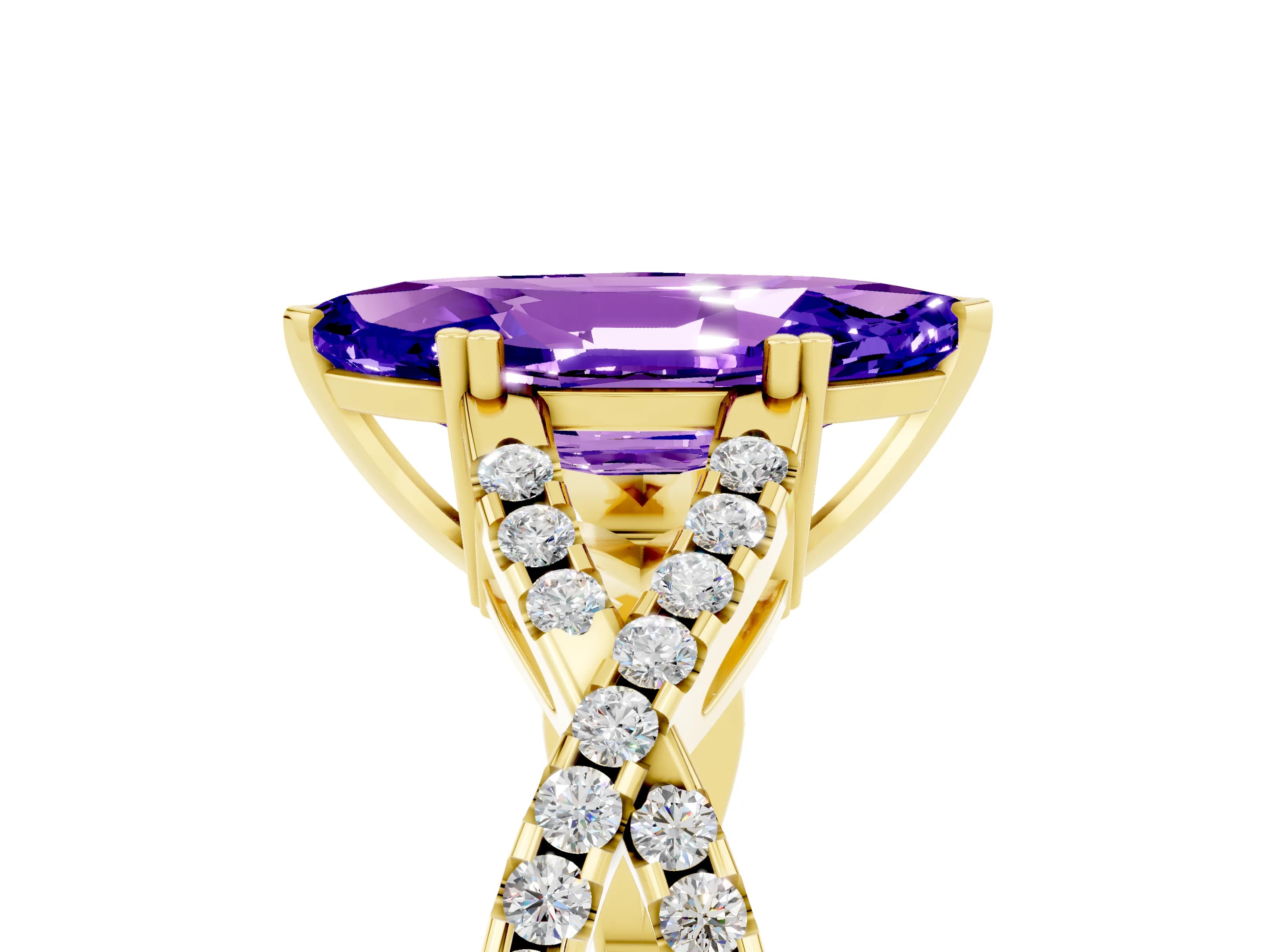 Yellow gold Marquise Cut Tanzanite Solitaire Ring with Four-Prong Setting and Twisted Pavé Band_5