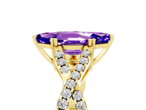 Yellow gold Marquise Cut Tanzanite Solitaire Ring with Four-Prong Setting and Twisted Pavé Band_5