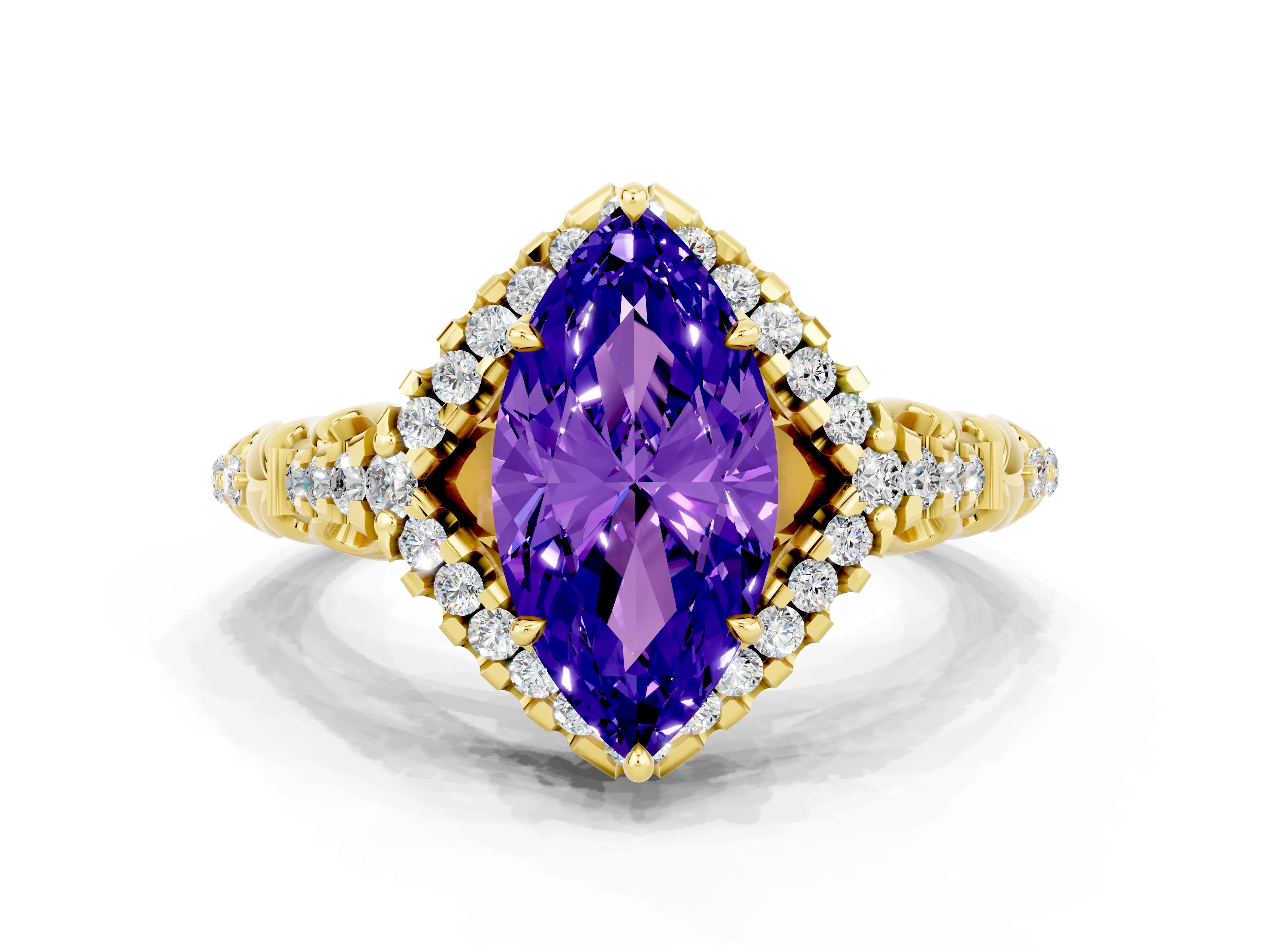 Yellow gold Marquise Cut Tanzanite Solitaire Ring with Hidden Halo and Pavé Band_12