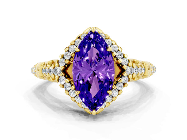 Yellow gold Marquise Cut Tanzanite Solitaire Ring with Hidden Halo and Pavé Band