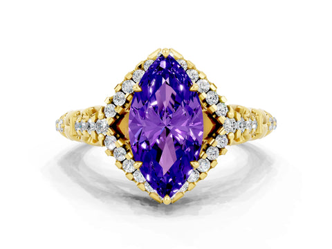 Yellow gold Marquise Cut Tanzanite Solitaire Ring with Hidden Halo and Pavé Band_12