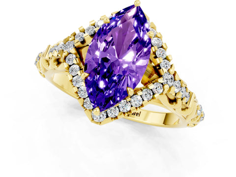 Yellow gold Marquise Cut Tanzanite Solitaire Ring with Hidden Halo and Pavé Band_13