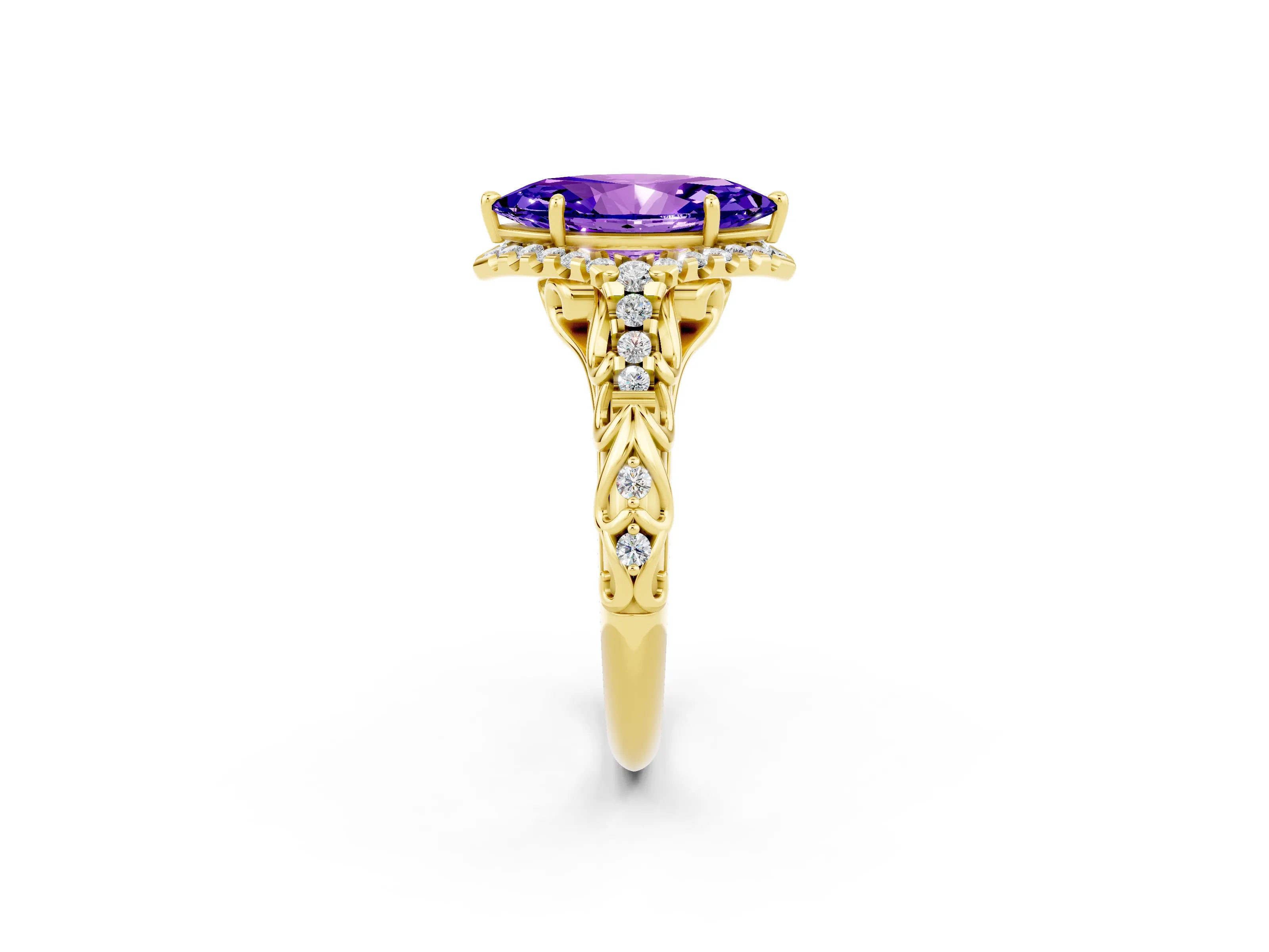 Yellow gold Marquise Cut Tanzanite Solitaire Ring with Hidden Halo and Pavé Band_14
