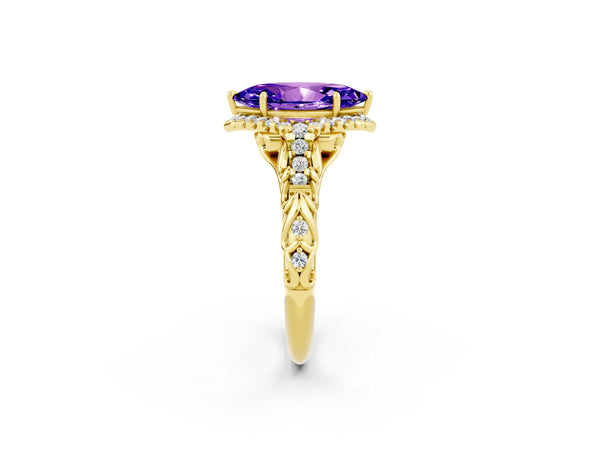Yellow gold Marquise Cut Tanzanite Solitaire Ring with Hidden Halo and Pavé Band