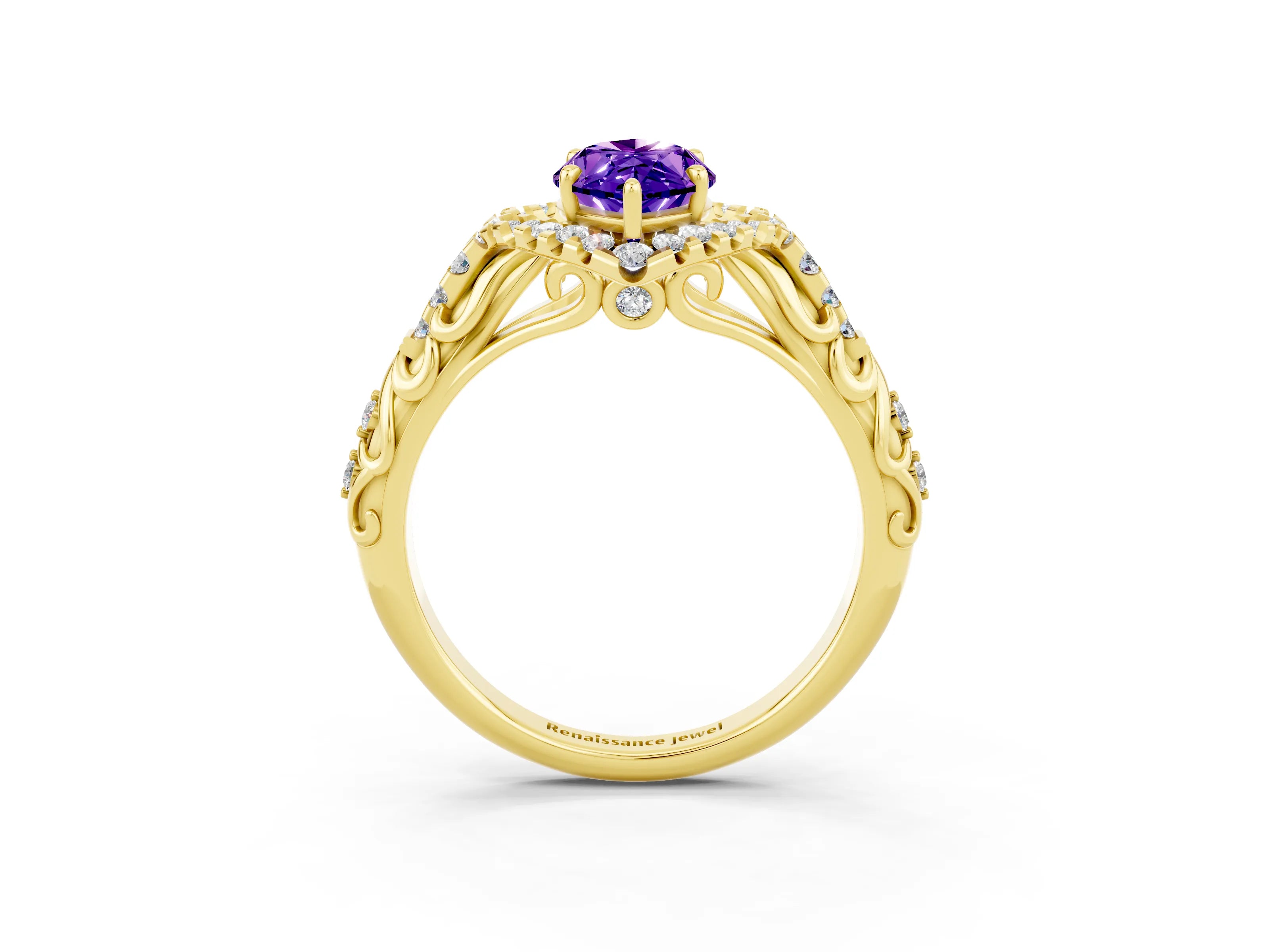 Yellow gold Marquise Cut Tanzanite Solitaire Ring with Hidden Halo and Pavé Band_15